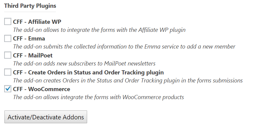 Activate the CFF - WooCommerce add-on