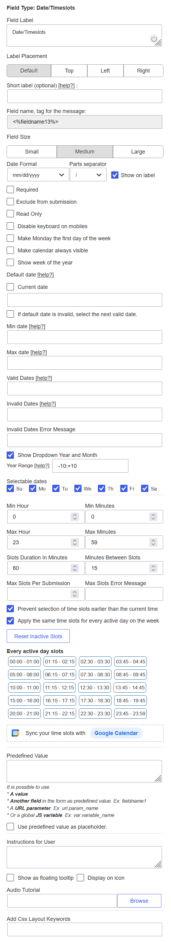 Date/Timeslots control