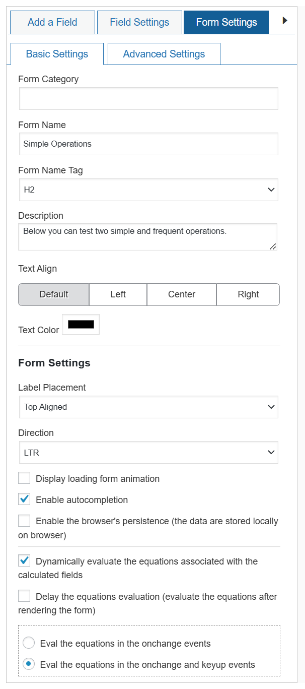 Form Settings Tab (Form Title and Form Behavior)