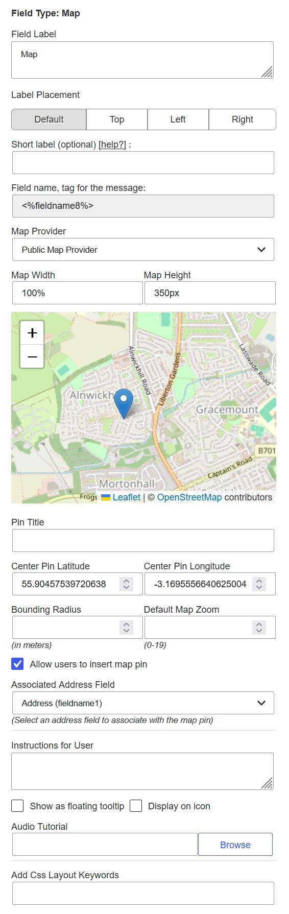 Map Field Component settings panel